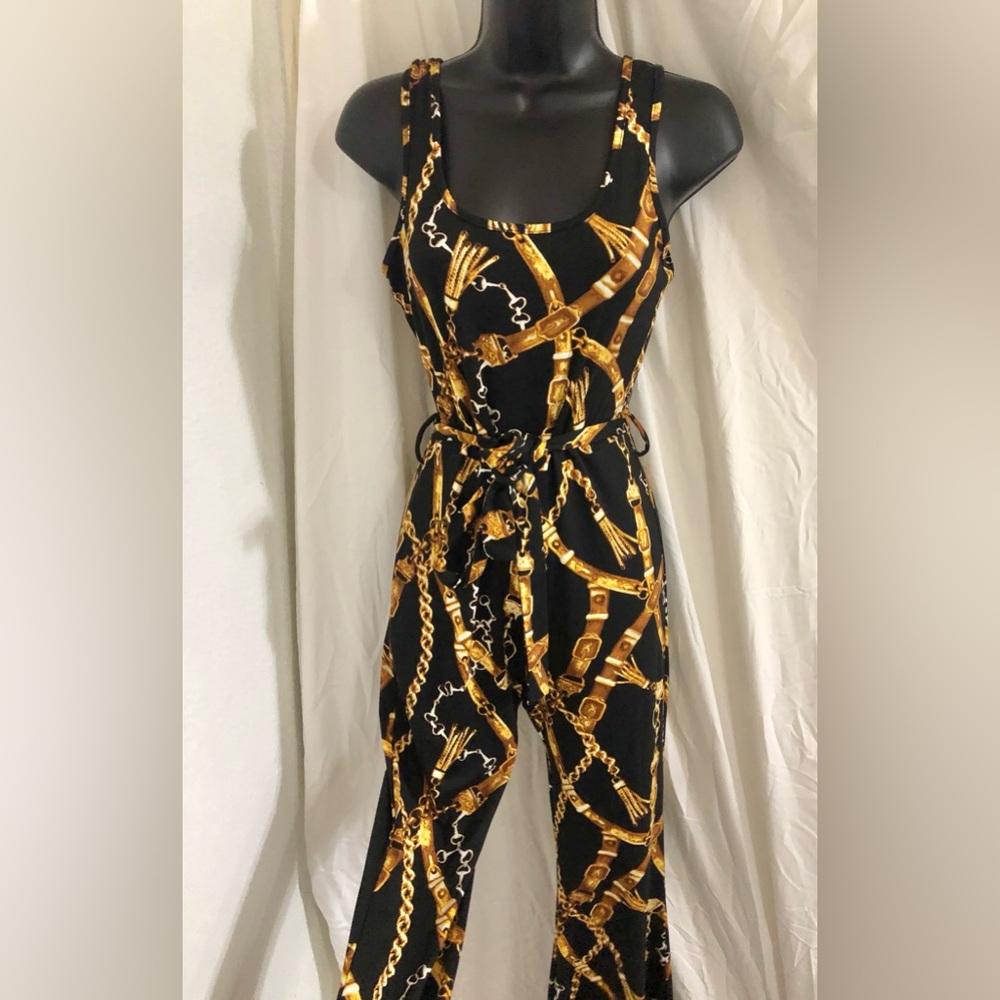 Black gold horsebit designer luxe style gold chain print jumpsuit size medium‎